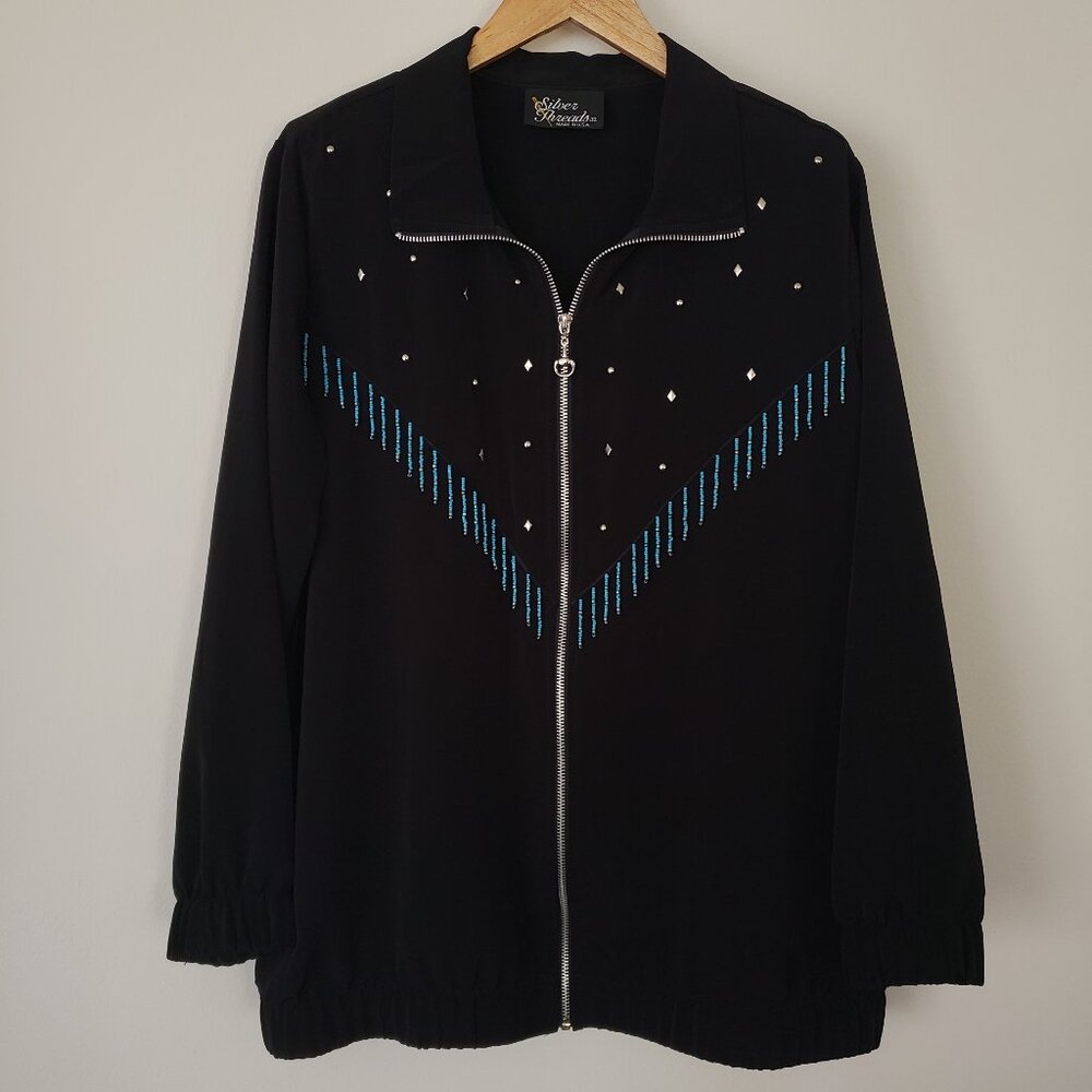 Vintage Silver Threads Size L Studded With Turquoise Beads Black Zip Up Jacket